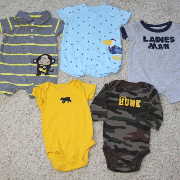 CARTERS BABY BOY LOT 5 ONE PIECE OUTFITS SHORT/ONE LONG SLEEVE SZ 3M LIGHTWEIGHT - Picture 1 of 12
